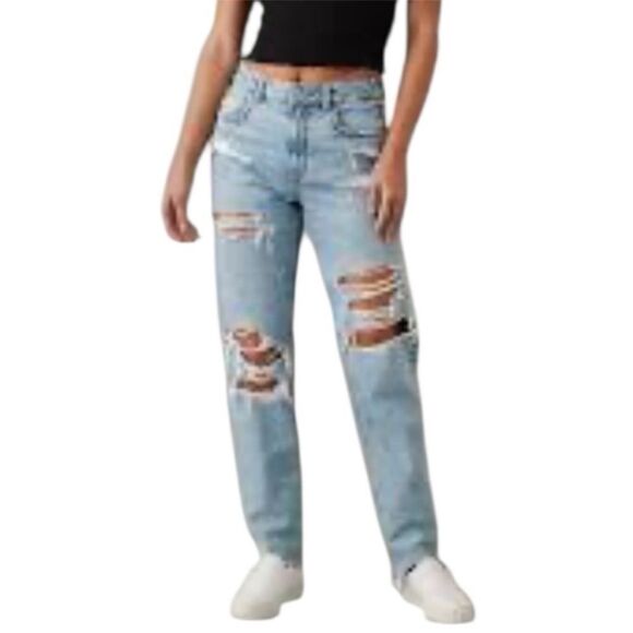 American Eagle Straight Leg Mom Jeans 00 Light Blue High Rise Distressed Denim - Picture 1 of 12